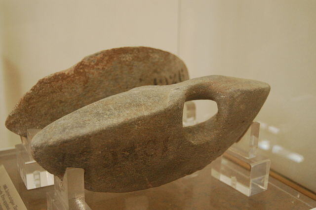 Halteres from ancient Greece, used for the long jump in the Olympic Games. Currently located in the National Archaeological Museum in Athens.