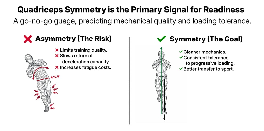 Comparison of quadriceps asymmetry versus symmetry after ACL reconstruction, showing compensatory mechanics on one side and aligned, stable movement on the other.