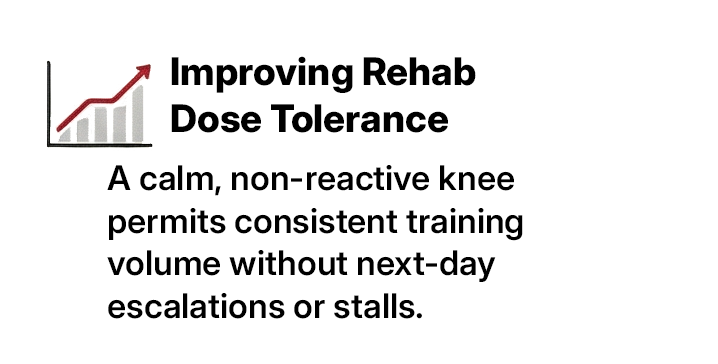 A line graph with an upward-pointing red arrow indicating growth, accompanied by the text: 'Improving Rehab Dose Tolerance. A calm, non-reactive knee permits consistent training volume without next-day escalations or stalls.'