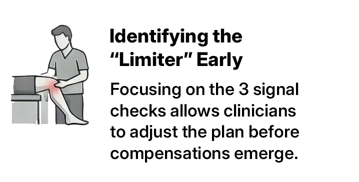 n illustration of a clinician examining a patient's knee, which is highlighted in red to indicate pain or a limitation. The accompanying text reads: 'Identifying the “Limiter” Early. Focusing on the 3 signal checks allows clinicians to adjust the plan before compensations emerge.'