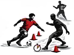 illustration of an athlete in a red shirt cutting sharply around cones while reacting to a defender, with a stopwatch and upward performance graph in the background to represent time pressure, decision-making, and progressive sport-intensity demands.