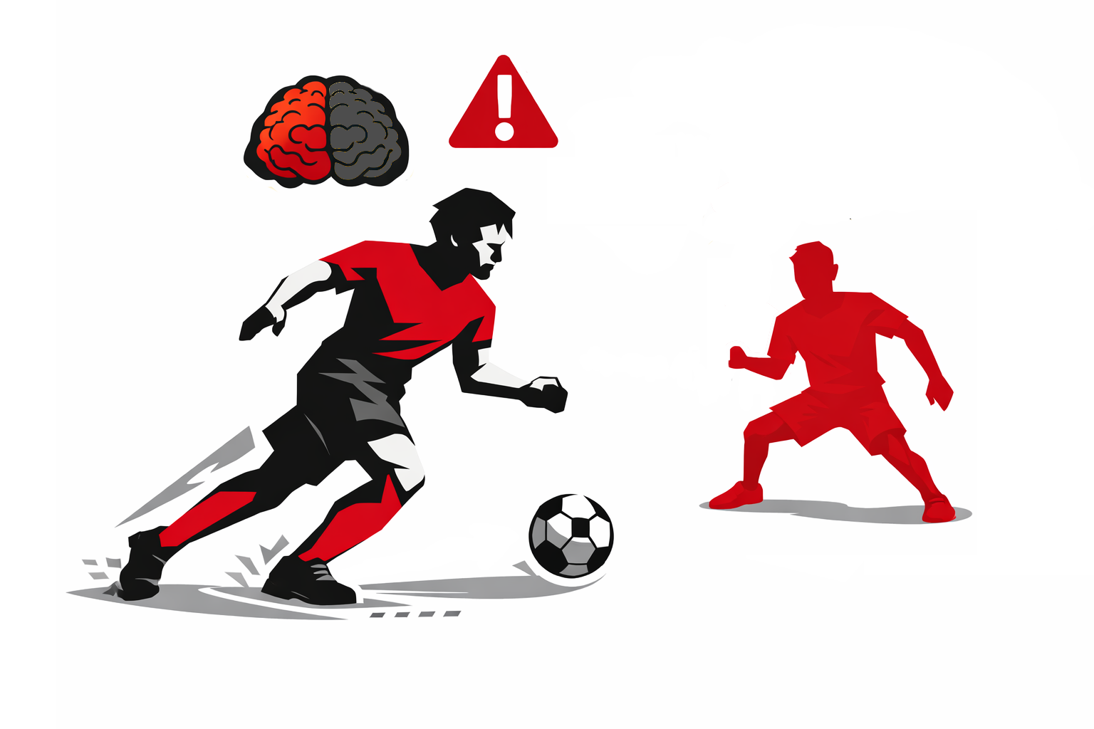 Illustration split into two panels showing a soccer player dribbling; the left side includes a thought bubble, and the right side includes an eye icon and a ball with a defender silhouette, representing decision-making and visual processing during sport movement.