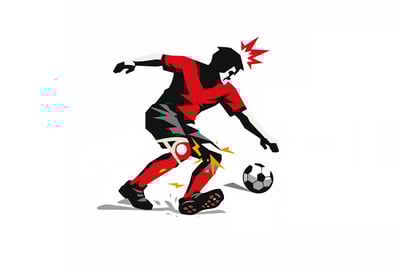 Vector-style illustration of an athlete in a red shirt and black shorts attempting a high-speed cut while controlling a soccer ball. The planted knee is highlighted with a warning symbol and angular stress marks, suggesting poor alignment.