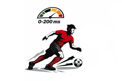 Illustration of a running athlete with the knee highlighted in red, a stopwatch icon, and a 0–200 ms label next to a force-time curve, representing the rapid timing demands of muscular response during sport.