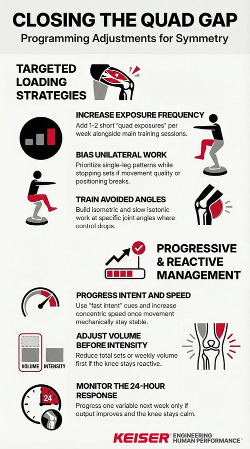 Infographic titled “Closing the Quad Gap: Programming Adjustments for Symmetry” outlining targeted loading strategies and progressive management in ACL rehab. Key recommendations include increasing quad exposure frequency, prioritizing unilateral work, training avoided joint angles, progressing intent and speed, adjusting volume before intensity, and monitoring the 24-hour knee response. Visual icons illustrate knee loading, single-leg exercises, volume versus intensity, speed progression, and knee response tracking, with Keiser branding at the bottom.