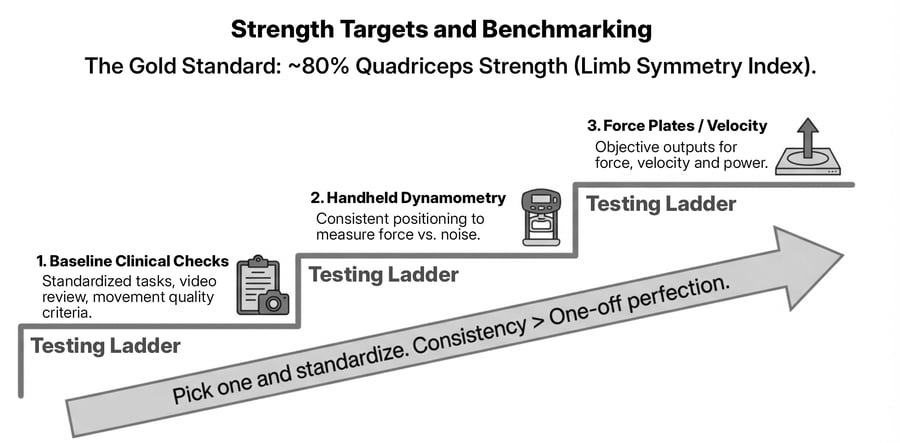Testing ladder for ACL prehab strength benchmarking showing a ~80% quadriceps limb symmetry target and three measurement tiers: baseline clinical checks, handheld dynamometry, and force plates/velocity outputs.