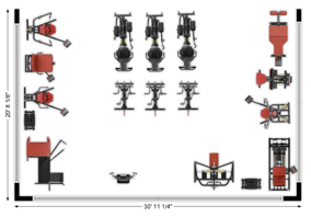 Schematic of a 600sq. ft. room top down showing 9 pieces of Keiser