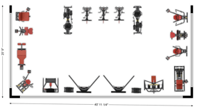 Schematic of a 800sq. ft. room top down showing 12 pieces of Keiser