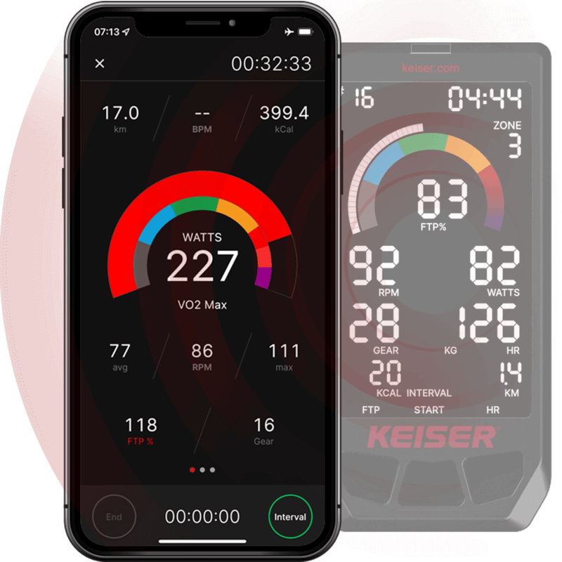 An image of the Keiser M Series App on a phone alongside the Keiser Studio Display