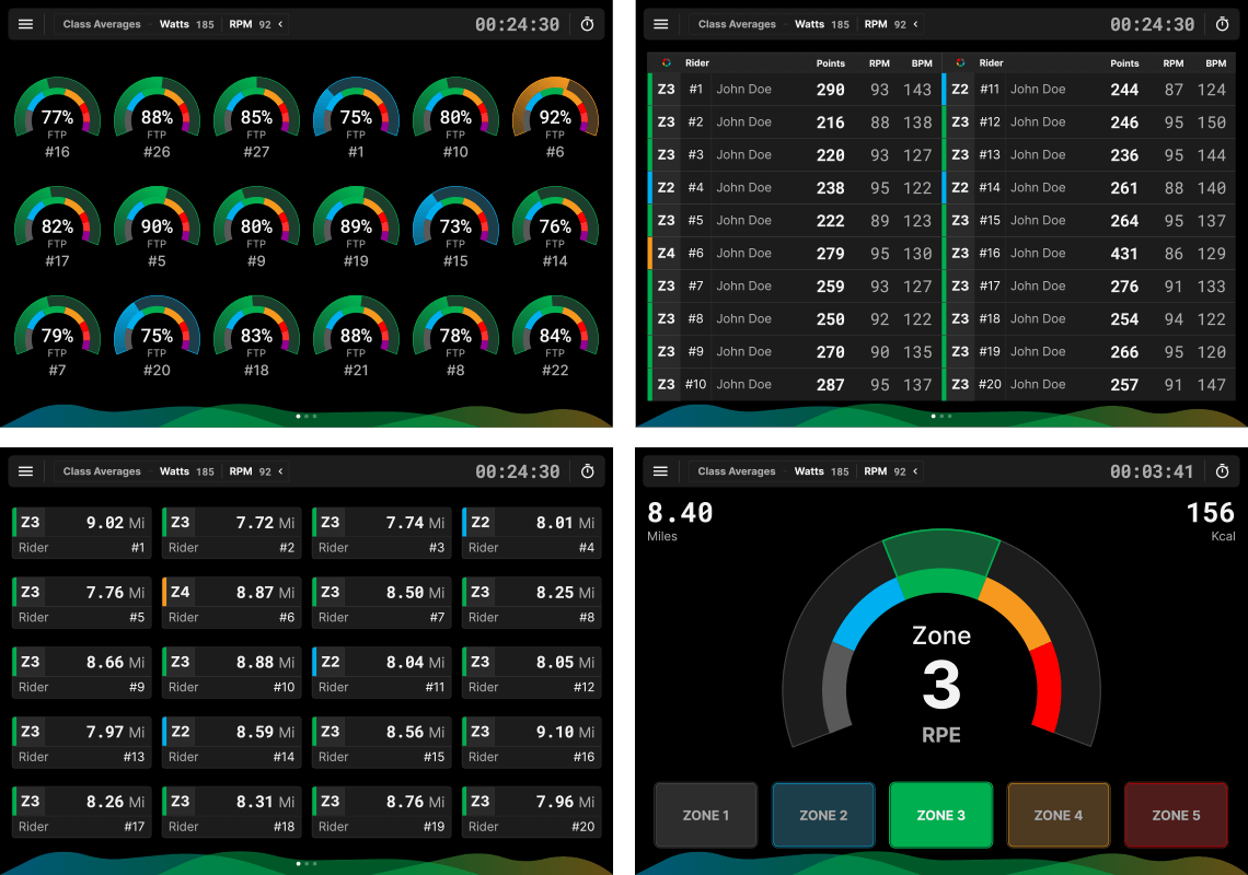 A view of 4 data screens from the Keiser M Series Group App