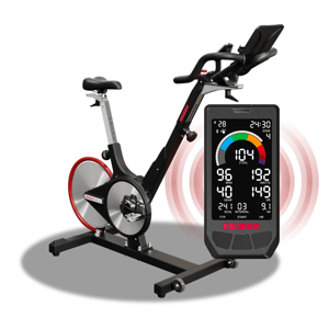 Image of a Keiser M3i Studio bike with the Studio Display overlaid