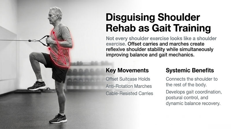 Older adult performing a cable-resisted marching exercise with red movement lines, illustrating how carries and marches can build shoulder stability, balance, and gait coordination.