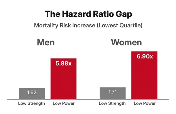 Bar chart titled “The Hazard Ratio Gap” showing mortality risk increase in the lowest quartile. For men, low strength is 1.62x while low power is 5.88x. For women, low strength is 1.71x while low power is 6.90x, illustrating a much larger mortality risk associated with low muscle power compared to low strength.