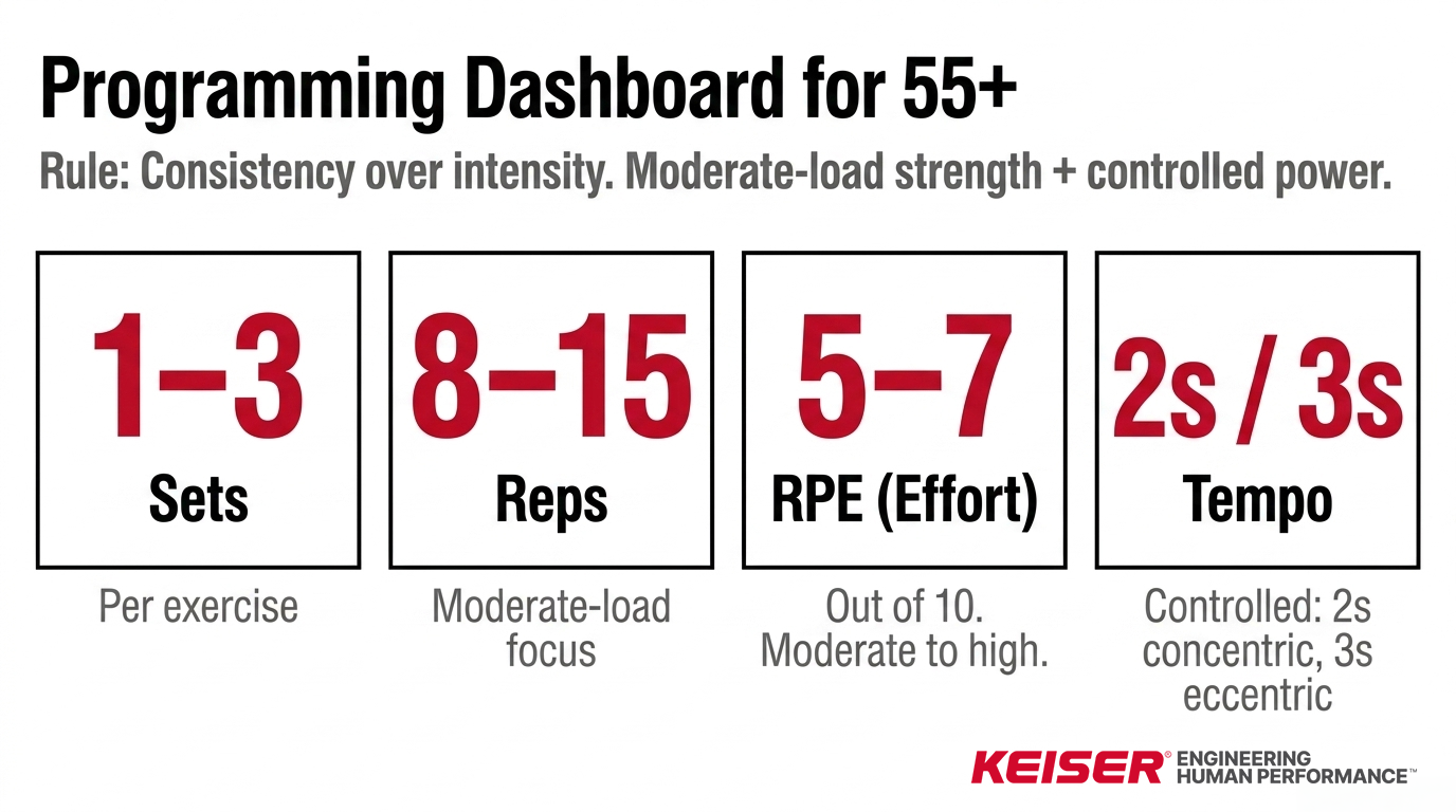 Programming dashboard for adults 55+ showing recommended guidelines: 1 to 3 sets per exercise, 8 to 15 reps, RPE 5 to 7 out of 10, and a controlled 2-second concentric, 3-second eccentric tempo.
