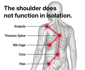Anatomical back-view diagram illustrating how the shoulder does not function in isolation, highlighting connections between the scapula, thoracic spine, rib cage, core, and hips.