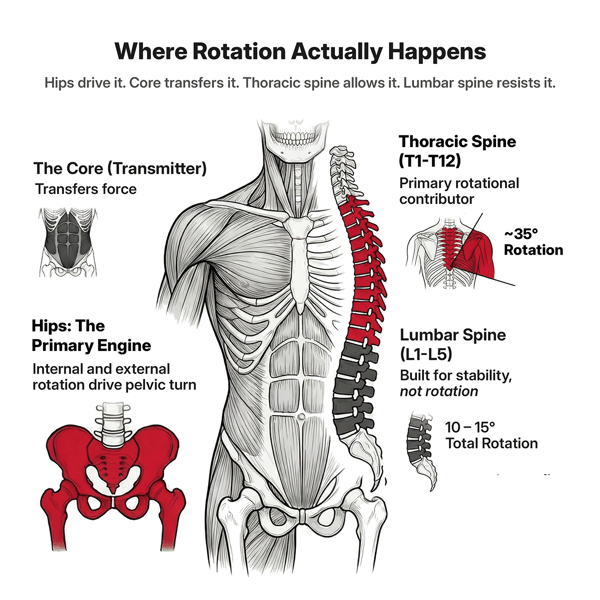 Educational anatomical graphic titled “Where Rotation Actually Happens.” A front-view illustration of a male torso with the thoracic spine (T1–T12) highlighted in red and labeled as the primary rotational contributor (~35° rotation), and the lumbar spine (L1–L5) shown in dark gray and labeled as built for stability (10–15° total rotation). A red pelvis graphic labeled “Hips: The Primary Engine” notes that internal and external rotation drive pelvic turn. The layout emphasizes that hips drive rotation, the thoracic spine allows it, and the lumbar spine resists it.