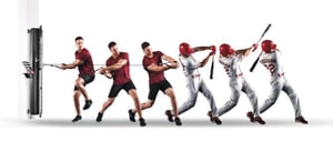 image showing an athlete performing a rotational swing progression using cable resistance on a Keiser machine. The athlete is captured in multiple overlapping positions from initial load to full follow-through, illustrating the phases of rotation and acceleration. The sequence transitions visually into a baseball player in uniform completing a powerful bat swing, emphasizing how resisted rotational training transfers to sport performance.