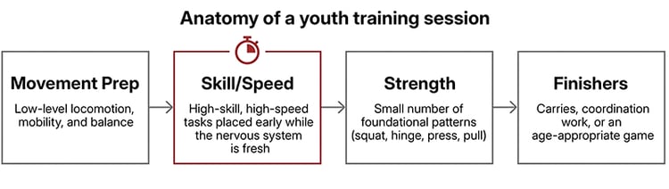 Youth training session sequence progressing from movement preparation to skill and speed work, strength exercises, and finishers.