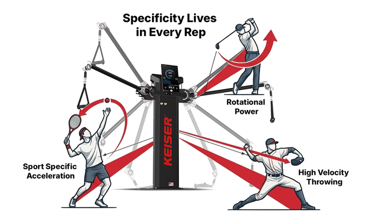 A functional trainer surrounded by athletes depicting rotational power, sport specific acceleration, and high velocity throwing.