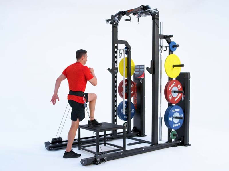 Man on Rack doing a Pneumatic Resisted Step Up Jump